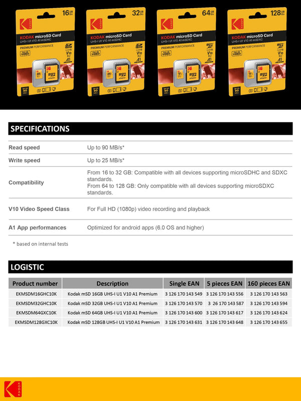 KODAK microSD 32GB Premium Performance Class 10 UHS-I U1 V10 A1